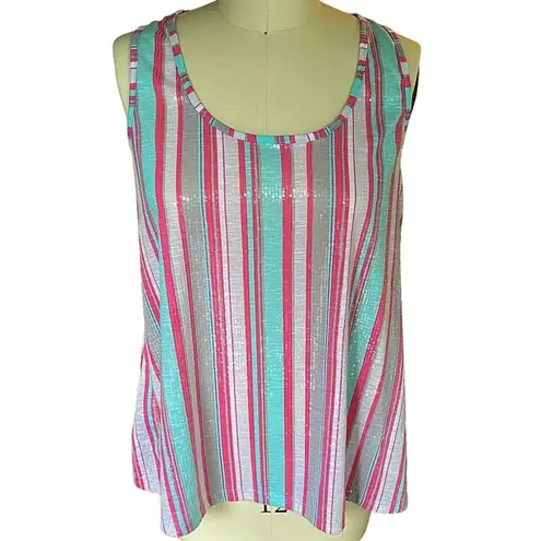 TRIXIE & LULU Pink & Green Sequined Striped Tank Top ~ Women's Size XL