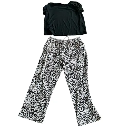 Ekouaer Women's 2XL Leopard Print Pajama Set Top and Wide Leg Pants Loungewear Black Size XXL