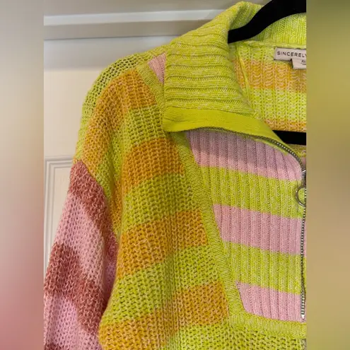 Sincerely Jules Colorful Cropped Sweater Vibrant Preppy Charm Knitted Zip Up Green