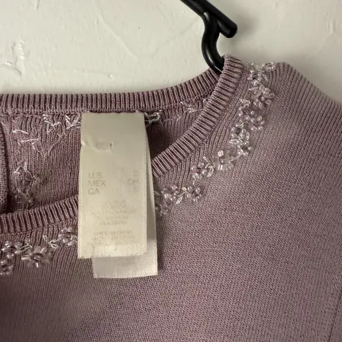 Sweater Vintage 90s Small Purple Silk Floral Embroidered Beaded Knit Top Fairy