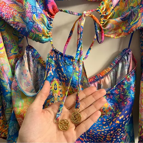 Luli Fama Women's Deco Gardens Halter Long Sleeve Cut Out Mini Dress Size Medium