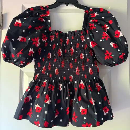 Kate Spade  Whimsy Floral Puff Sleeve Top - Navy and Red NWOT