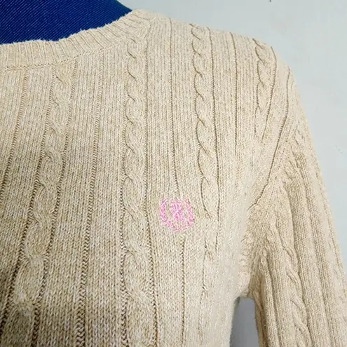 IZOD Cotton Cable Knit Crewneck Sweater Tan with Pink