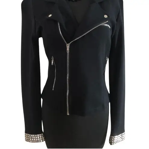 Cache  Black Offset Front Zipper Top Jacket New Zipper Pocket Embellished $178