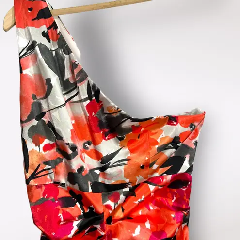 London Times Satin Dress Women's Size 8 Floral Ruched One Shoulder Midi Formal - Image 6