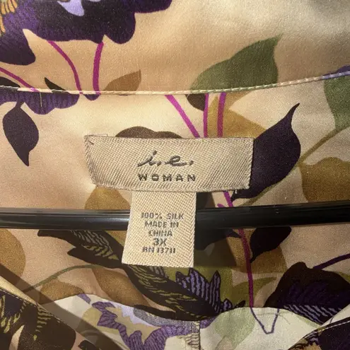 i.e. Woman 100% Silk Floral Blouse Size 3X Button Front Top Boho Botanical Print Purple