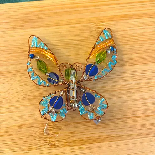 Handmade Copper Wire Wrapped Butterfly Pin Multi Color Beaded Statement Brooch Blue