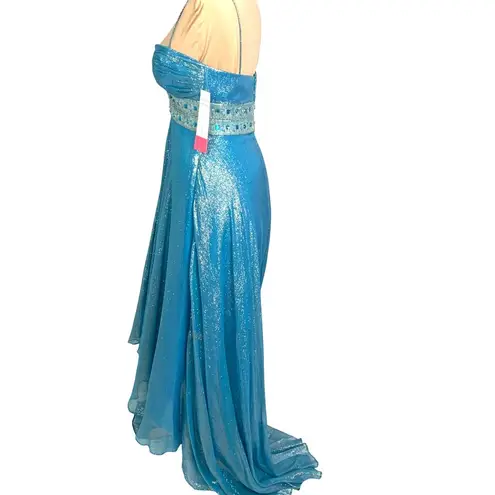 Dave and Johnny Dazzling Metallic Blue Silk Gown Flowy Prom 0 Hoco Glam Pageant Jeweled Hi-Low