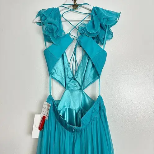 Mac Duggal Ruched Ruffled Shoulder Cut Out Lace Up Gown in Turquoise US 12 NWT