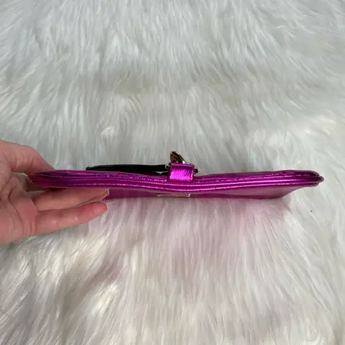 Rebecca Minkoff Metallic Magenta Skinny Wristlet Gold front Pink