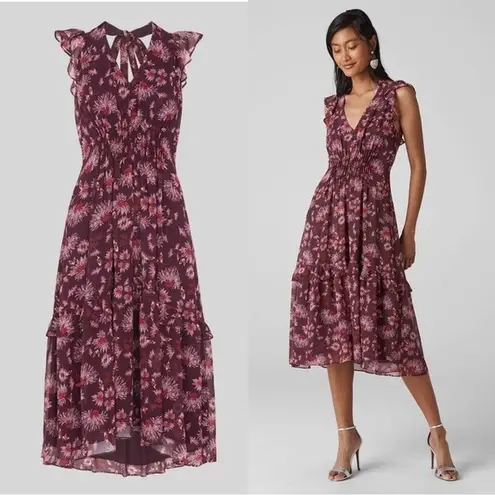 Whistles • Pitti Print Double Strap Dress midi floral maroon chiffon ruffle boho Size 4