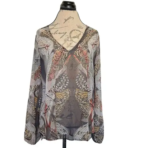 Lavender Brown  Womens Blouse Sheer Print V Neckline Tunic Bohemian Size Large