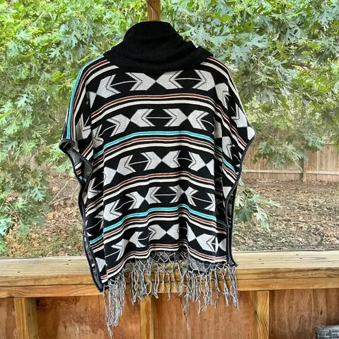 Double Zero  Women's Boho Cowl Neck Poncho Sweater With Fringe Size M