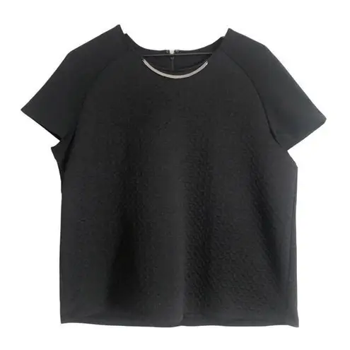 Rafaella Black Quilted Silver Metal Accent Short Sleeve Round Neck Blouse Top