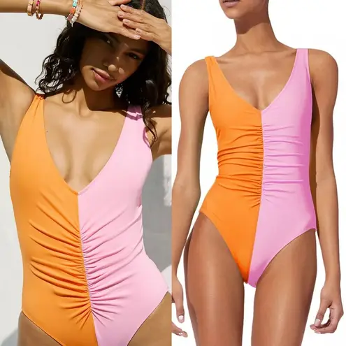 Free People Anthropologie Solid & Striped Lucia Ruched One-Piece Swimsuit Large NWOT $178