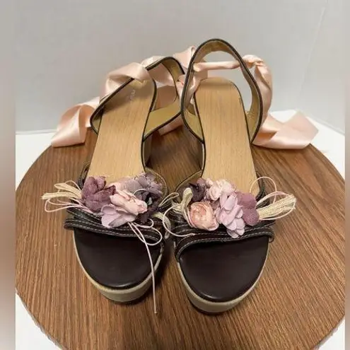 Paolo Bessante Pink Floral Laced Up Ribbon Wedges Limited Edition Size 38