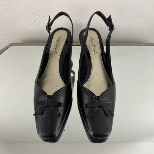 Easy Street Y2K Black Faux Leather Edgy Bow Slingback Slip On Block Kitten Heels