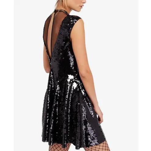 Free People NWT  Dance Til Dawn Illusion Black Sequin Mini Dress