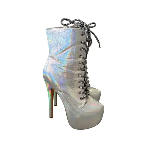 IRIDESCENT Silver Metallic Platform Heels Boots Size US 6