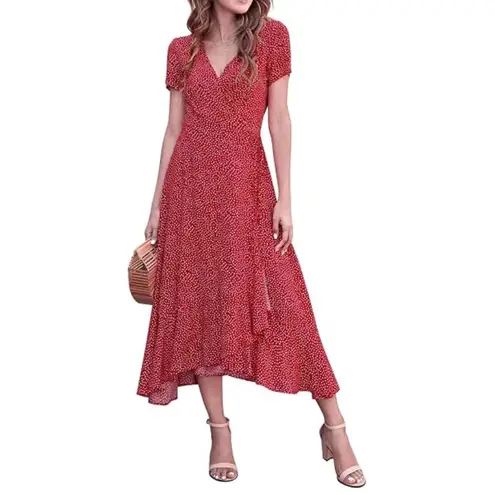 ZESICA Women's Bohemian Floral Printed Wrap V Neck Short Sleeve Split Beach S Red