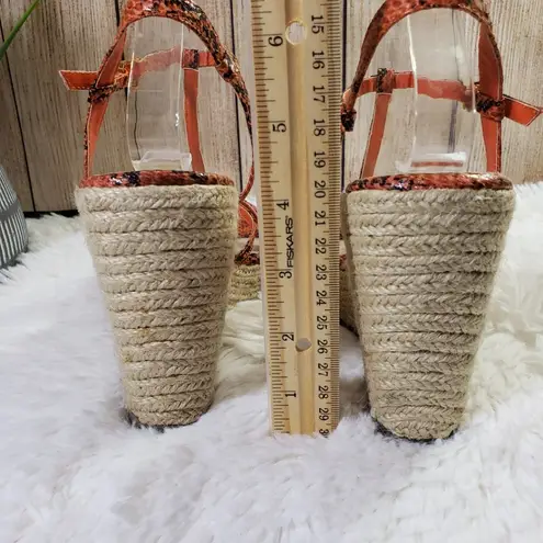 Colin Stuart Size 6.5 Orange/Black/Tan Snakeskin Wedge T-Strap Sandals