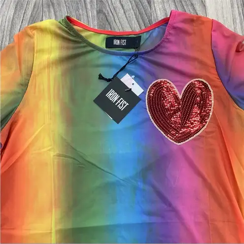 Iron fist NEW! Somewhere Rainbow Sheer Mesh Mini Dress Sequin Heart LARGE Pride