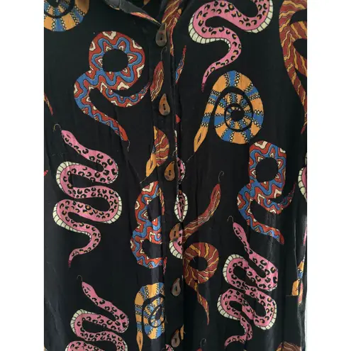 Farm Rio Snake Jumpsuit Womens Small Black Collared Resort Tropical Vacation