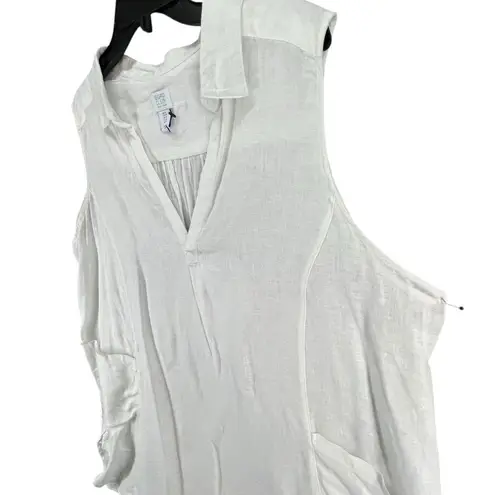 Sigrid Olsen Shirt Womens 1X White Linen Sleeveless V Neck Collared Pockets Top