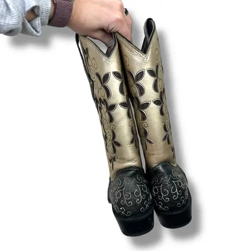 J.B. Dillon Calf Pointed Toe Black Gold Cowhide Leather Western Cowboy Boots 7.5