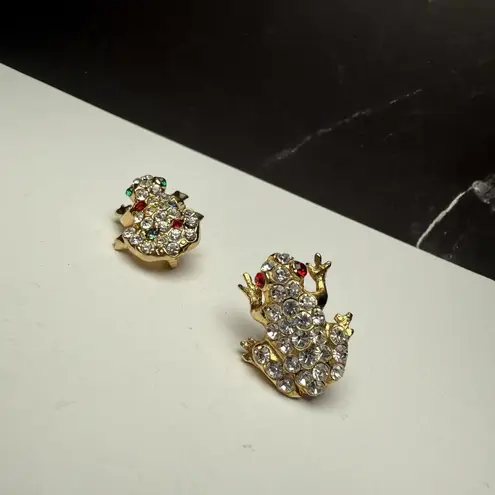 Multi Color Rhinestone Frog Tack Lapel Pin & Brooch Lot Of 2 Gold Tone