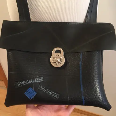 Rubber Crossbody Bag Vault Clasp Flap Black Blue Industrial Unique Purse 10x8.5