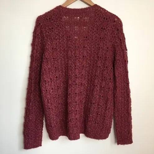 Caslon Nordstrom Wool Brushed V-neck Open Knit Sweater Womens Size S Burgundy