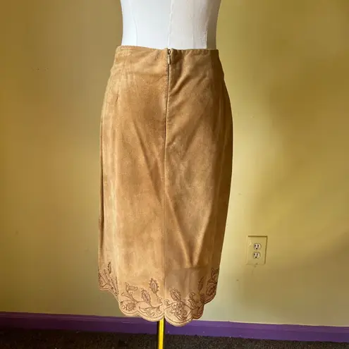 Lord & Taylor Tan Suede Leather Skirt Embroidered Hem Lined Midi Women's Size 10 Brown