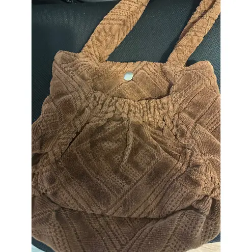 Brown Quilted Corduroy Bucket Bag Purse Floral Lined Snap Closure