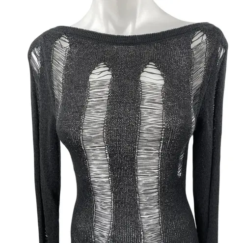 Women's Black Long Sleeve Open Knit Backless Boat Neck Mini Bodycon Dress Size S