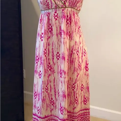 Loft  Pink Cream Gold Print Silk V neck Criss Cross Back Maxi Dress NWT