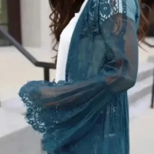 Women’s Lace Tie Front Maxi Kimono in Teal OSFM NWT Green Size undefined