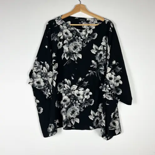 Eskandar Silk Satin Black White Floral Flower Print Pattern Kaftan Blouse Top L