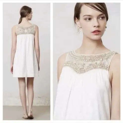 Maeve Anthropologie Graced White Beaded Jeweled Embellished Swing Dress Sz