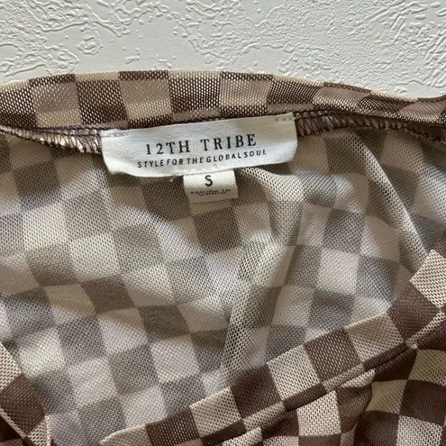 12th Tribe  Checkerboard Mesh Top Women’s Size S Brown Tan Long Sleeve
