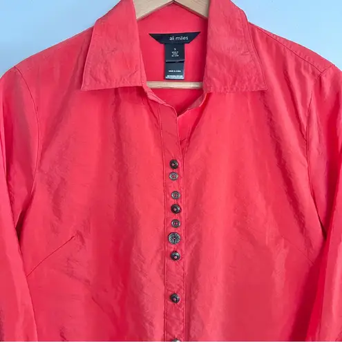 Ali Miles Crinkled Button Front Blouse Bright Coral Pink Collared Women’s Small