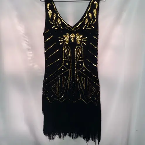 BEYONDBABE WO SIZE XL Elegant Black and Gold SEQUINS FLAPPER Women's STYLE Dress