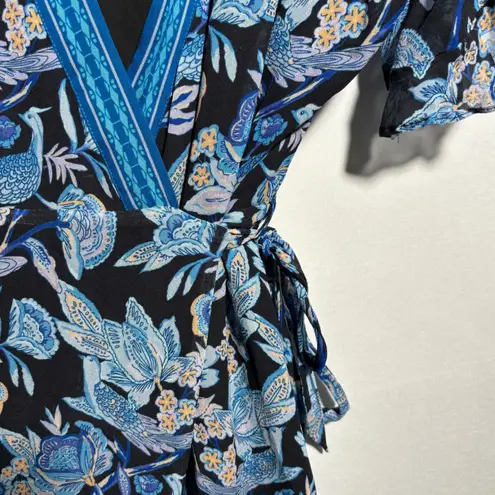 Hale Bob Floral Bird Print Wrap Midi Dress Blue Black Flutter Sleeve M Fairy - Image 6