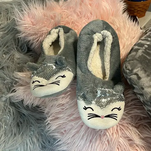 Lounge Kitty Cat Slippers Gray Plush Sequins House Shoes  Dorm Womens 8 9