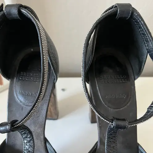 Brunello Cucinelli Black Leather Platform Block Heel Peep T-Strap Sandals 40.5
