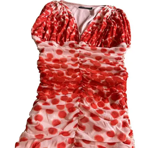 Vertigo Paris Vertigo Polka Dot Mesh Smocked Dress V-Neck Sleeveless Red Stretch Size Medium