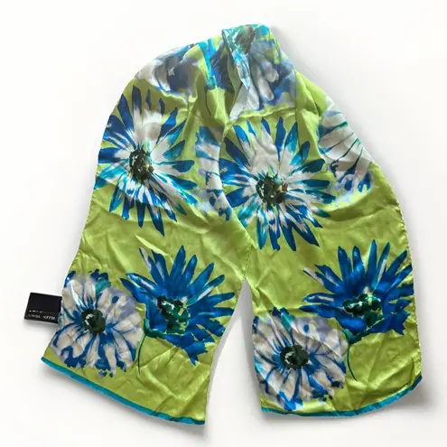 Ellen Tracy Scarf 100% Silk Blue Green Floral Flowers Spring Watercolor 11x52