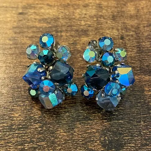 Vintage Blue  AB Cluster Vogue Clip On Earrings