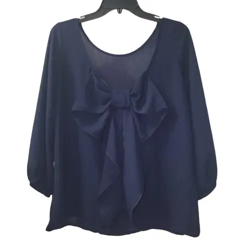 Necessary Clothing Bow Back Blouse Long Sleeve Party Top Navy Size S