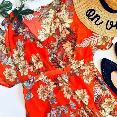 Love Fire Tropical Print Bohemian Floral Flutter Sleeve Semi Sheer Maxi Dress Orange